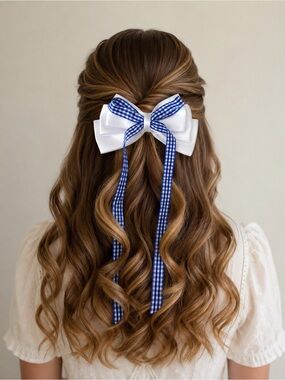 Hand Crafted White and Blue Gingham Ribbon Hair Bow